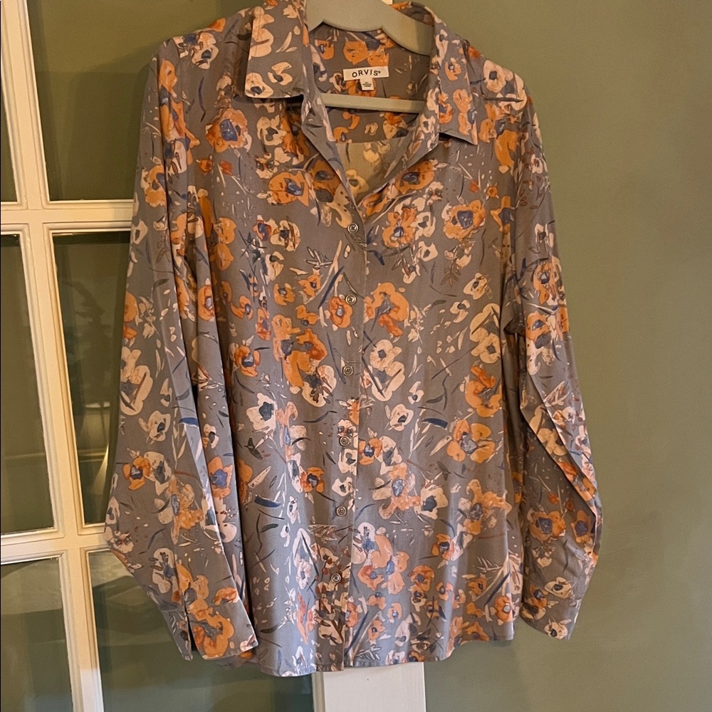 Orvis Floral silk Gray Button Down Shirt